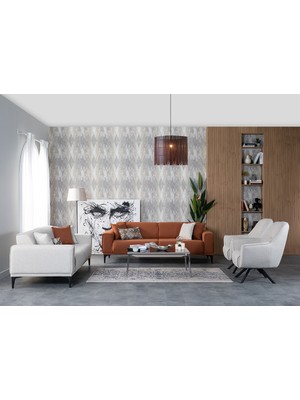 Weltew Home Koltuk Takımı 3+3+1+1 Kiremit - Krem Modern Tasarım Yataklı Keten 228 cm Derinlik