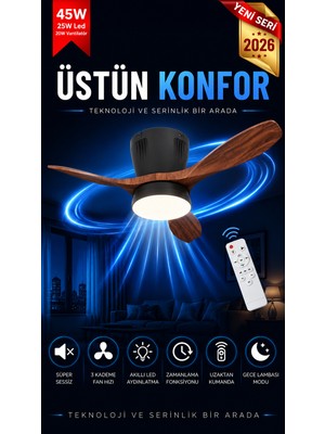 Goes Modern LED Işıklı Tavan Vantilatörü 3 Renk Işık 3 Kademe Hız Sessiz Siyah Gövde Kiraz Kanat Avize