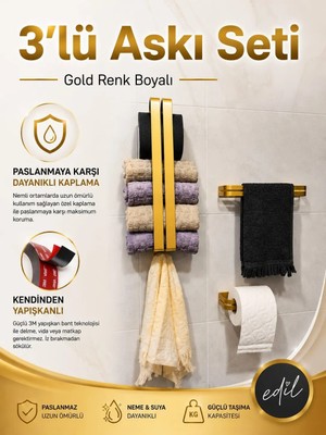 Edil 3'lü Banyo Seti,havlu Askısı,,tuvalet Kağıtlığı,yapışkanlı,montaj Gerektirmez