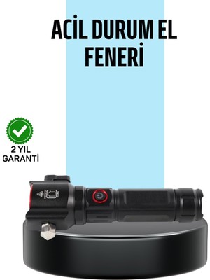 TKÇ USB Şarjlı Çok Amaçlı El Feneri Çekiçli Pusulalı