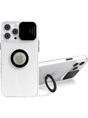TKÇ Ally iPhone 12 Pro Max Kılıf Sürgülü Kamera Lens Korumalı Yüzük Standlı Silikon Kılıf-(57