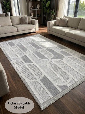 NarStore Home Kaymaz Taban Gri Saçaklı Modern Geometrik Desenli Kalın Yıkanabilir Yolluk Halı