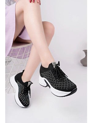 Mcdark Kadın Siyah Gizli Topuklu Taşlı Rahat Yüksek Taban Triko Sneaker Ayakkabı