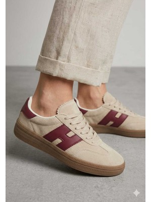 Mcdark Kadın Bej Bordo Süet Sneaker Ayakkabı