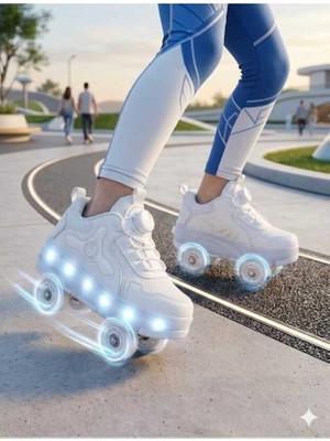 Mcdark Çocuk Kaykaylı Patenli Tekerlekli Otomatik Bağcıklı Işıklı Sneaker Ayakkabı Beyaz