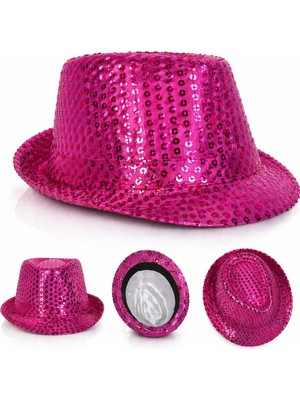 NW NessiWorld Fuşya Pembe Payetli Disco Parti Şapkası Yetişkin Işıltılı Fötr Model