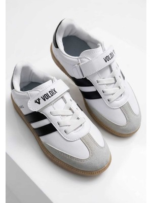 Mcdark Beyaz Siyah Çocuk Sneaker Düz Taban Cırtlı Bağcıklı Spor Ayakkabı