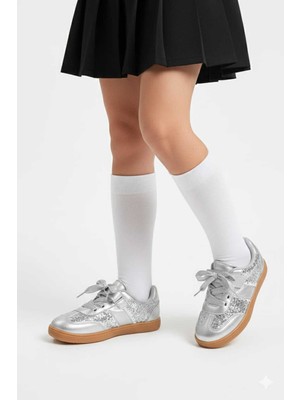 Mcdark Gümüş Cırtlı ve Fiyonklu Pullu Çocuk Sneaker Ayakkabı