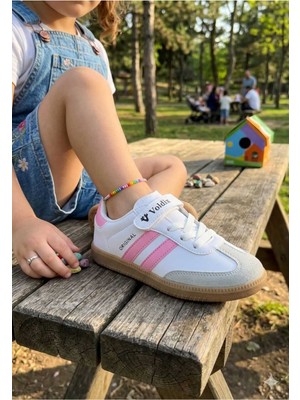 Mcdark Beyaz Pembe Çocuk Sneaker Düz Taban Cırtlı Bağcıklı Spor Ayakkabı