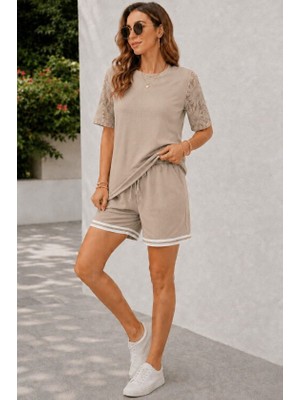 Mç Plus Kadın Kısa Kollu Bisiklet Yakalı Waffle Bluz ve Short Ikili Takım