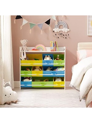 Assess Store Çocuk Odası Rafı, 9 Çıkarılabilir Polar Sepetli Oyuncak Düzenleyici, Çocuk Odası Için Oyuncak ve Kitaplık, Beyaz Çerçeve, GKR31WT, 78 x 26,5 x 82,5 cm