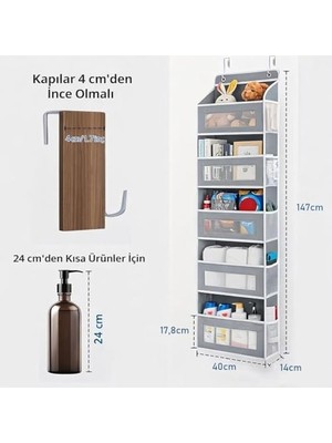 Assess Store Kapı Arkası Organizer 5 Cepli Askılı Dolap Düzenleyici Çok Amaçlı Kapı Arkası Raf 20KG Taşıma Gri