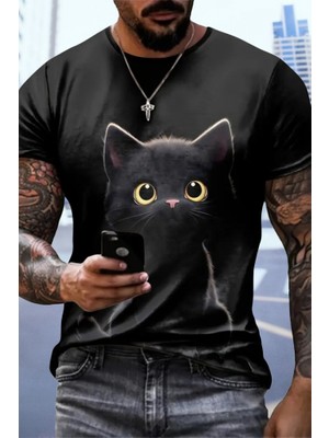 Mç Plus Erkek Bisiklet Yaka Kedi Baskılı Süprem T-Shirt