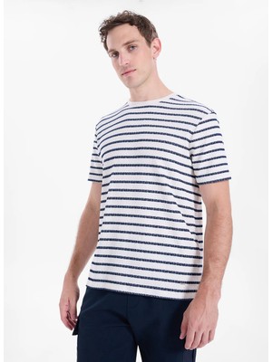 Jeep Beyaz - Lacivert Erkek Relaxed Çizgili T-Shirt J6SM-TST7851