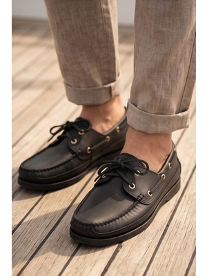 Liarca Royal Marine Siyah Premium Deri Erkek Loafer - El Işçiliği Özel Tasarım Klasik Gemi Ayakkabısı (Boat Shoe) Serisi