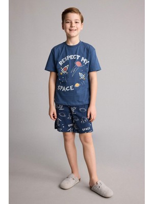 DeFacto Regular Fit Baskılı Şort Tişört 2'li Pijama Takımı Erkek Çocuk H0374A826SM