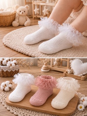 Pico Baby Organik Pamuk Premium 3'lü Bebek Tüllü Çorap / Parfümlü / Yıkamalı / Burun Dikişsiz