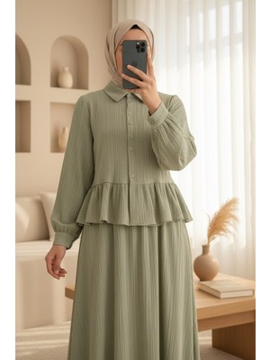 Moda Morfo Eteği Fırfırlı Düğmeli Beli Bağcıklı Etekli Takım   -Zeytin