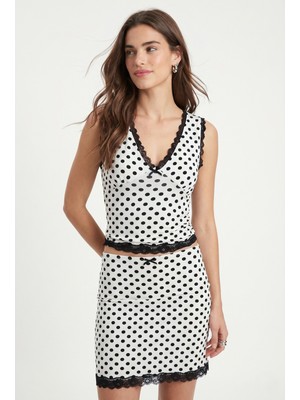Ritnice Kadın Tiny Dots Puantiyeli Dantelli Bluz Şort Etek Beyaz Alt Üst Takım