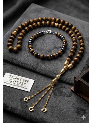 Public Shop 34 Kaplan Gözü Elite Set - Premium Tesbih ve Bileklik Kombini - Hematit Detalı, Ay Yıldız Sallantılı Özel Tasarım