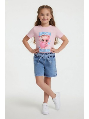 Cansın Mini Pudra Balerin Baskılı Tişörtlü Düğmeli Jean Şortlu Kız Çocuk 2li Takım 24170