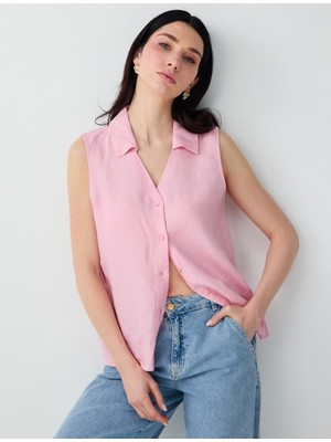 Jimmy Key Pembe %100 Keten Kolsuz Dar Kesim Gömlek