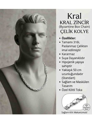 Public Shop 34 316L Paslanmaz Çelik Kral Zincir Kolye - 50 cm Byzantine Box Chain Erkek Kolye