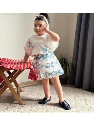 Gny Giyim Elbise Çiçek Desenli Payet Detaylı Kız Çocuk 2 Li Takım - Mavi