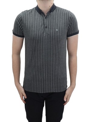 Santa Fistan Store Erkek Çizgili Spor Kesim Dar Kalıp Cepsiz Polo Yaka T-Shirt