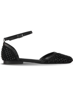 Bueno Shoes Siyah Taşlı Deri Kadın Sandalet Düz Taş Detaylı 39WA4401 39WA4401