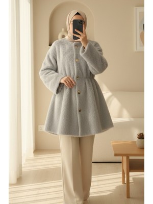 Moda Morfo İçi Astarlı Beli Büzgülü Kürklü Ceket -Açık Gri