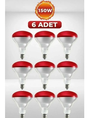 Die Grup  (6 Adet) 150W Kızılötesi Isıtıcılı Hayvan Isıtma ve Kuluçka Lambası (Kırmızı Işık) E27 (Kalın Duy)