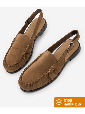 Marjin Kadın Hakiki Deri Önü Kapalı Arkası Atkılı Büzgülü Loafer Günlük Sandalet Barseli Camel Süet