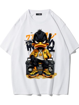 Brz Collection Unisex Oversize Ön Baskılı Duck T-Shirt (Beyaz)