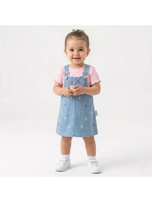 Baby Buu Kız Bebek Kalp Nakışlı Salopet Jile ve Kısa Kollu Tişört 2'li Takım - %100 Pamuklu Kot Jile