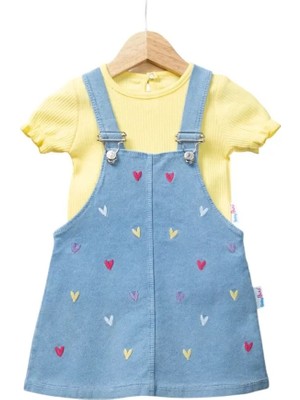 Baby Buu Kız Bebek Kalp Nakışlı Salopet Jile ve Kısa Kollu Tişört 2'li Takım - %100 Pamuklu Kot Jile