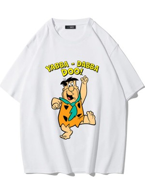 Brz Collection Unisex Oversize Taş Devri Fred Çakmaktaş Yabba Dabba Doo T-Shirt (Beyaz)