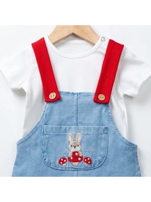 Baby Buu Kız Bebek Mantar ve Tavşan Nakışlı Kot Jile Salopet Takımı - Kırmızı Askılı 2'li Kombin