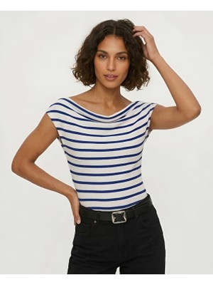 Blouse Marin Çizgili Kayık Yaka Bluz