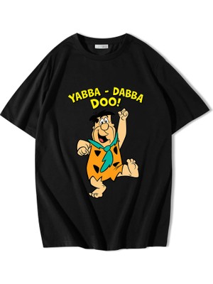 Brz Collection Unisex Oversize Taş Devri Fred Çakmaktaş Yabba Dabba Doo T-Shirt Siyah