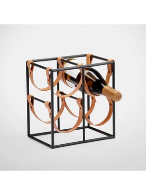 Rack And Cork - Modern Metal 4 Şişelik Raf,  Doğal Deri Tezgah Üstü Bağımsız Şişelik