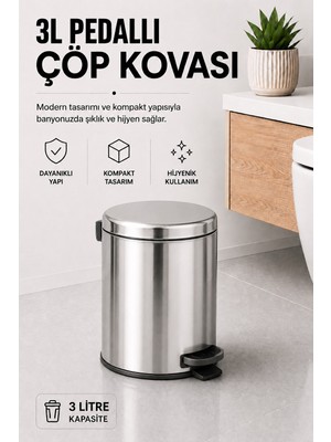 Sas Haus Pedallı Çöp Kovası 3 Litre Iç Kovalı Kapaklı Banyo Çöp Kutusu Krom - Elit 7003