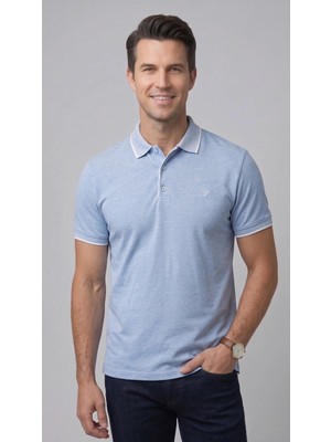 Efor Comfort Fit Rahat Kalıp %100 Pamuk Kıvrılmaz Yaka Mavi Polo Yaka Tişört Ts 931