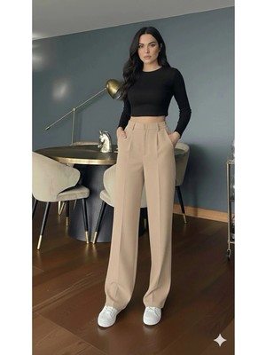 Emporya Trend Kadın Vizon Kumaş Pantolon | Yeni Sezon | Geniş Paça Düğme Kapamalı Palazzo Kesim
