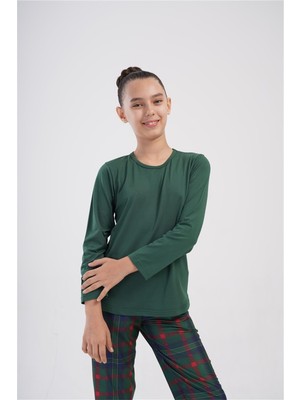 Obje Kız Çocuk Yeşil O Yaka Uzun Kol Pijama Üstü