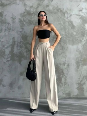 Emporya Trend Kadın Vizon Kumaş Pantolon | Yeni Sezon | Pileli Yüksek Bel Likralı Palazzo Kesim