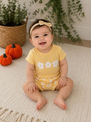 Tuem Baby Kız Bebek Papatya Desenli Şortlu Pamuk Yazlık Bebek Takımı