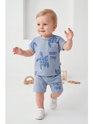 Joy Kids Erkek Bebek Kaplumbağa Baskılı Oversize Takım (9-24AY) (Indigo)