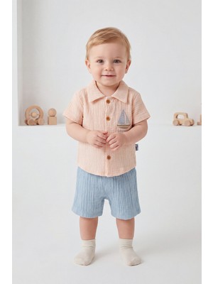 Joy Kids Erkek Bebek %100 Pamuk Müslin Takım (9-18AY) (Krem-Mavi)