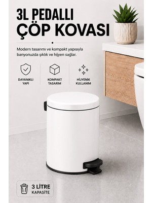 Sas Haus Pedallı Çöp Kovası 3 Litre Iç Kovalı Kapaklı Banyo Çöp Kutusu Beyaz - Elit 7003